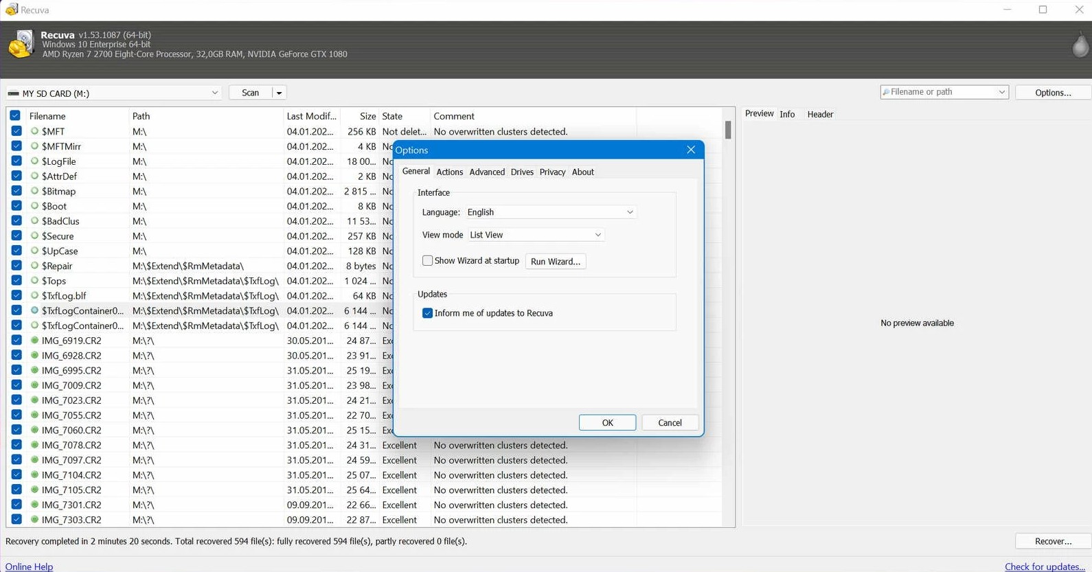 Recuva: Fenster „Allgemeine Optionen“ unter Windows