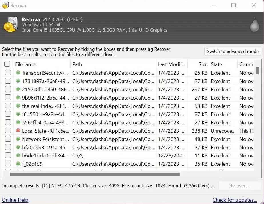 Recuva-Hauptfenster, Programm-Screenshot