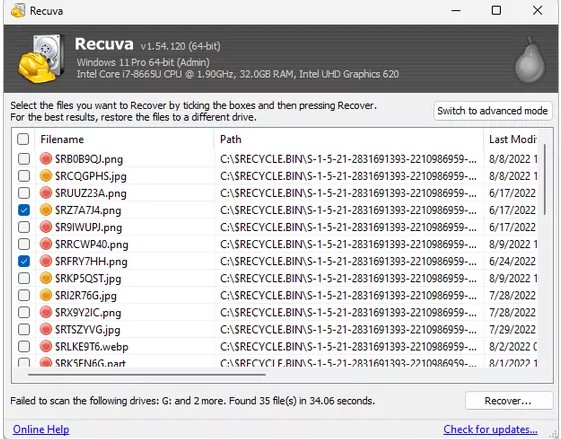 Recuva: Liste wiederherstellbarer gelöschter Dateien unter Windows