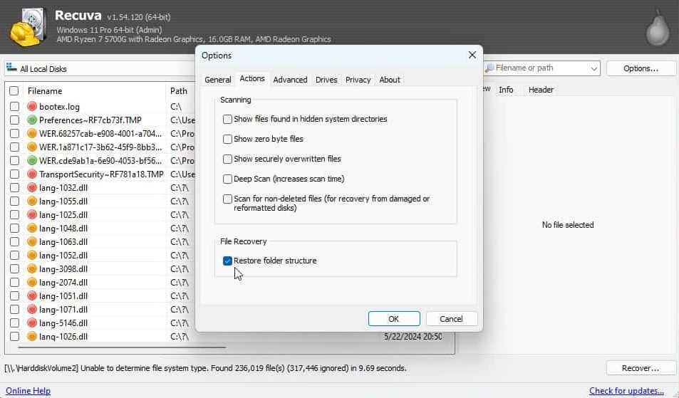 Recuva: Wiederherstellungsoptionen und Ordnerstruktur unter Windows
