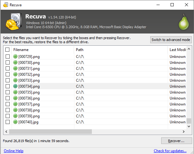 Recuva: Scanfortschritt auf einem Windows-Volume