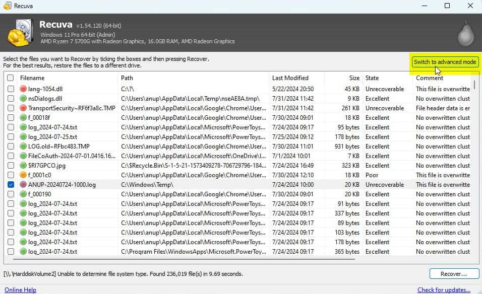 Recuva: Erweiterter Modus unter Windows