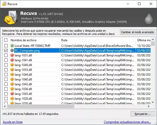 Recuva-Screenshot auf einem Windows-Desktop